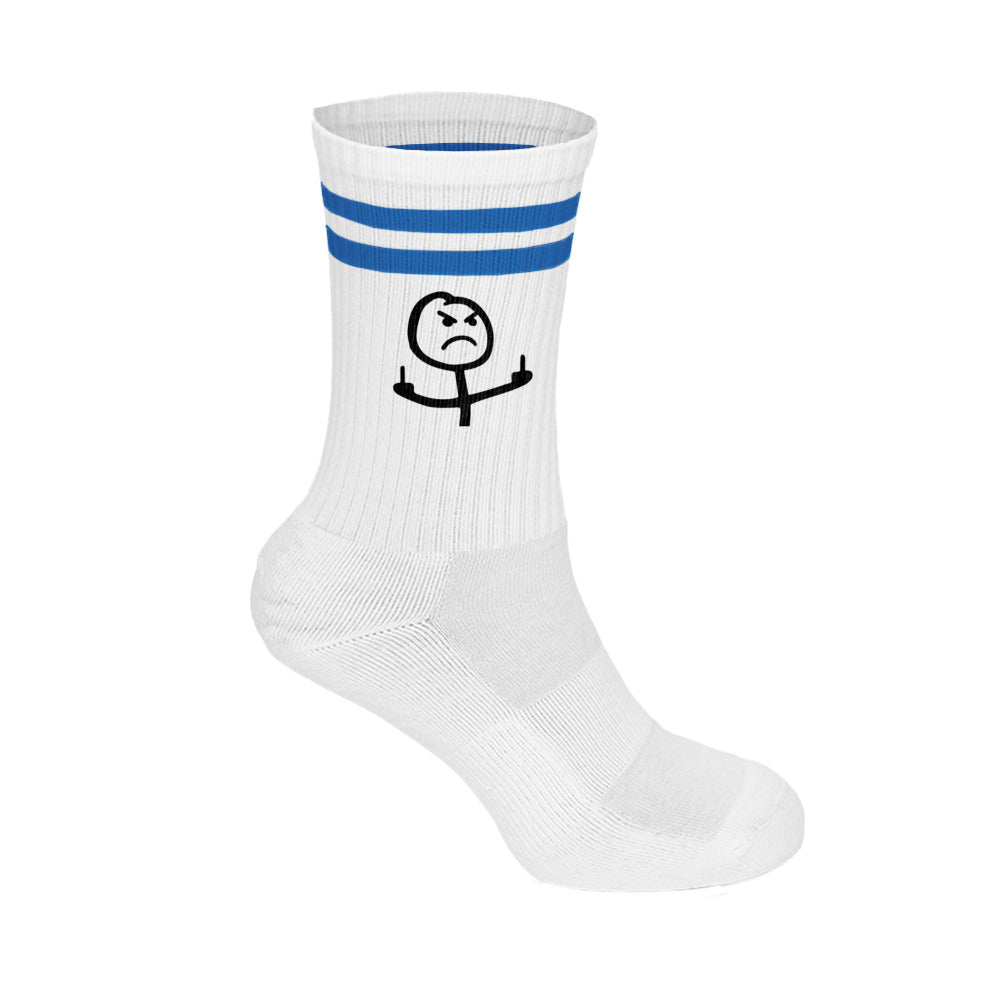 Weiße unisex baumwollsocken mit drei blauen streifen und schwarzem stickmännchen motiv mit mittelfingergruß