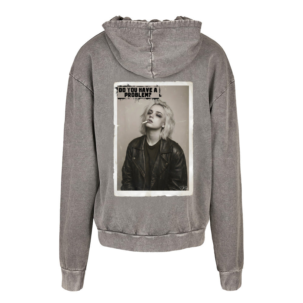 Grauer acid washed oversized hoodie aus 100 prozent baumwolle mit schwarz-weiß grafik einer frau und text do you have a problem