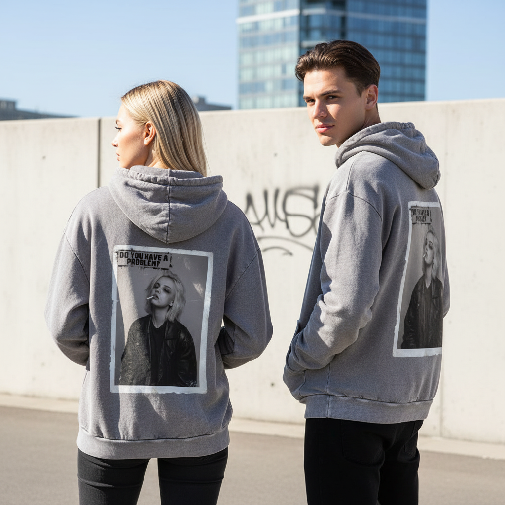Grauer oversized hoodie aus 100 prozent baumwolle mit acid washed effekt und grafik einer frau im lederjacke mit text