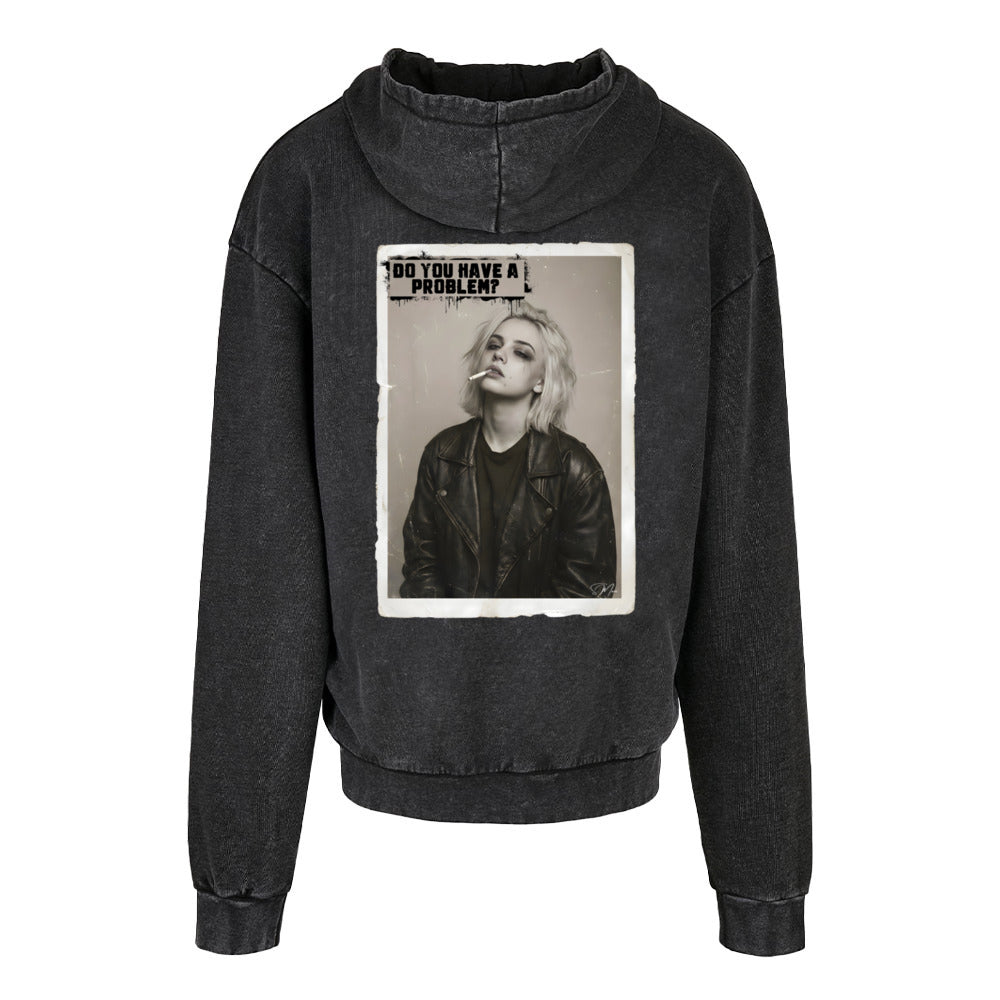 Schwarzer distressed oversized hoodie mit vintage foto print einer frau mit blonden haaren und zigarette aus 100% baumwolle acid washed