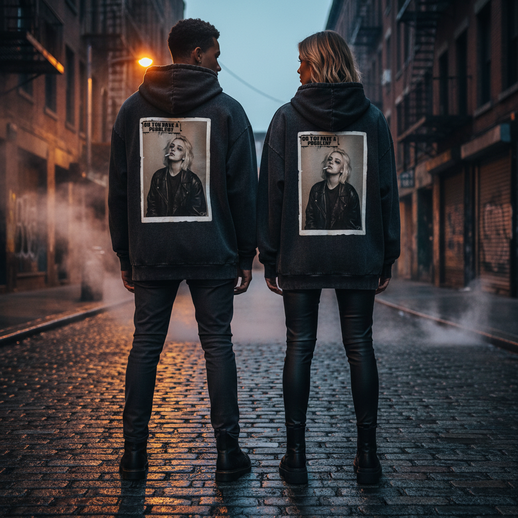 Schwarzer distressed oversized hoodie mit vintage schwarz-weiß foto einer blondhaarigen frau mit zigarette rahmen aus baumwolle