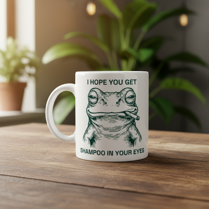Weiße keramiktasse mit schwarzer froschillustration und dem spruch i hope you get shampoo in your eyes ideal fürs büro und zuhause