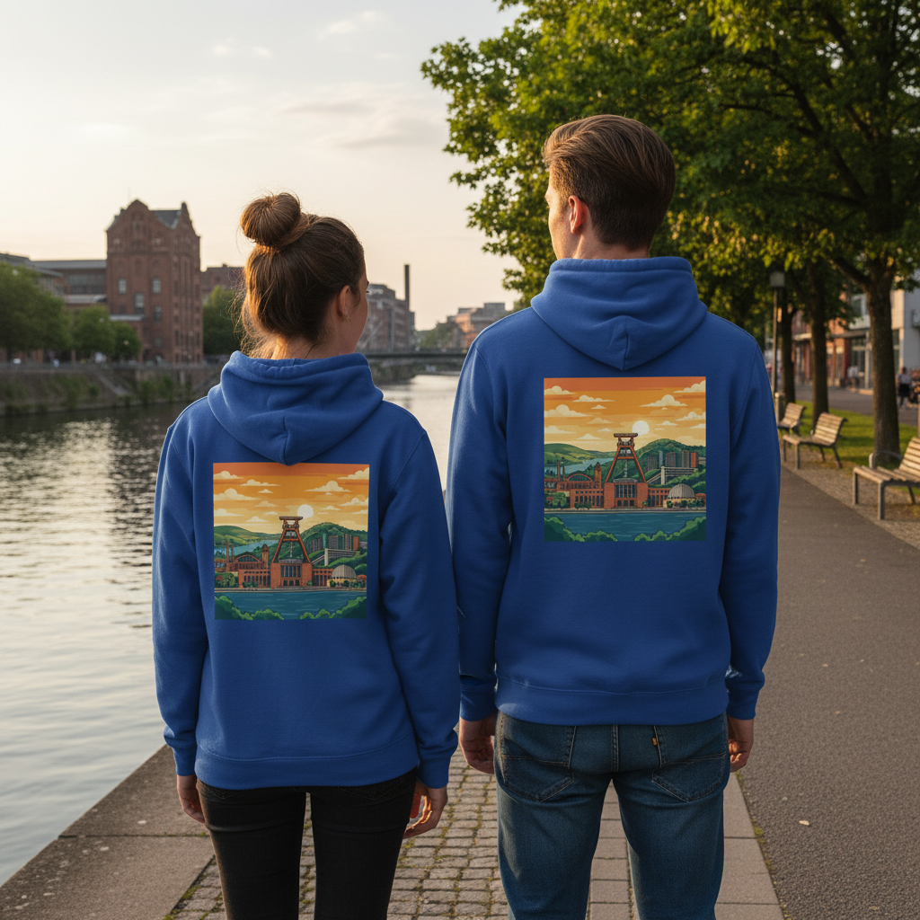 Blauer städte-hoodie mit nachhaltigem reißverschluss und buntem illustrativem landschaftsdesign auf der rückseite