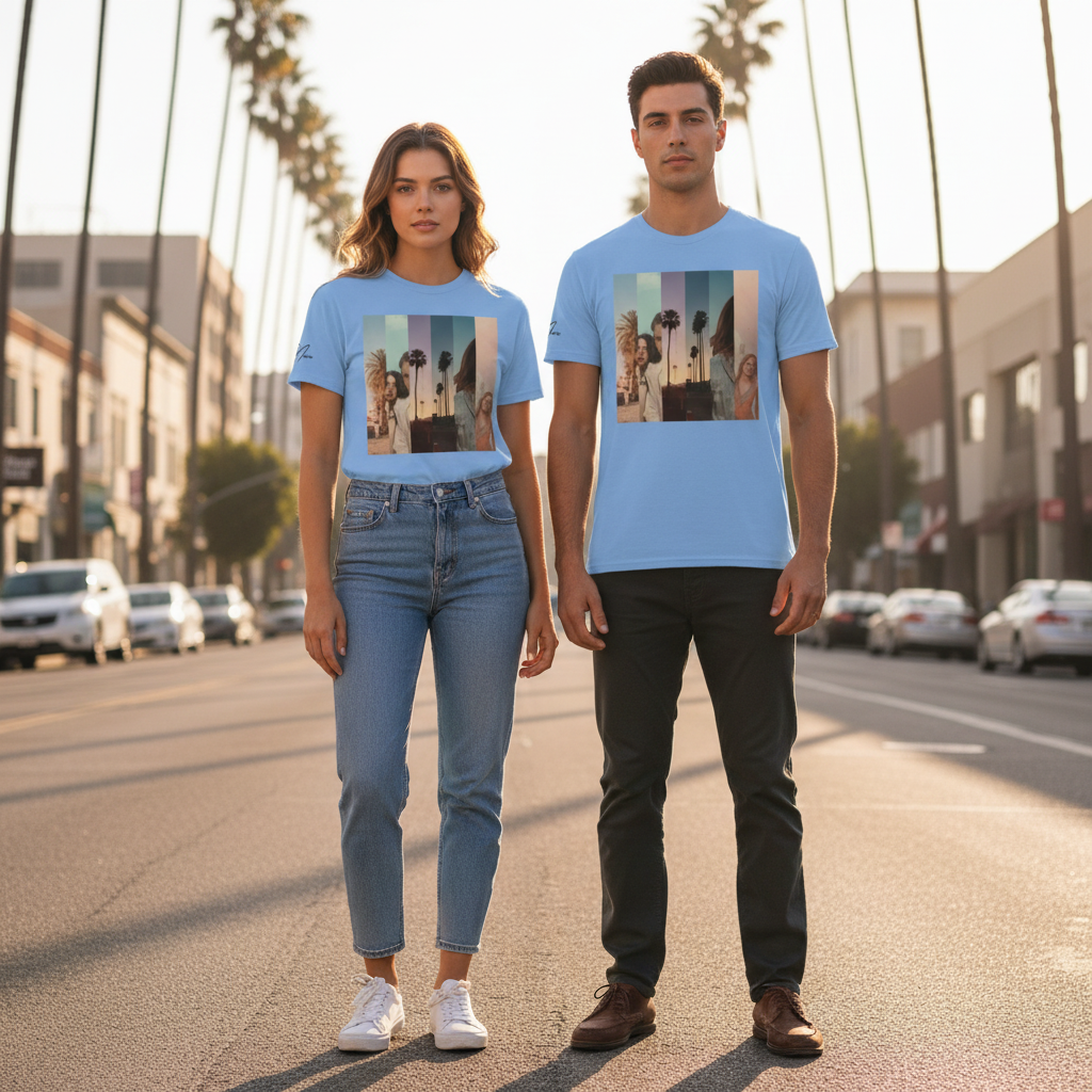 Leichte blaue baumwoll t shirt mit rechteckigem palmenmotiv und farbigen streifen la sentimental heavyweight premium streetwear basic