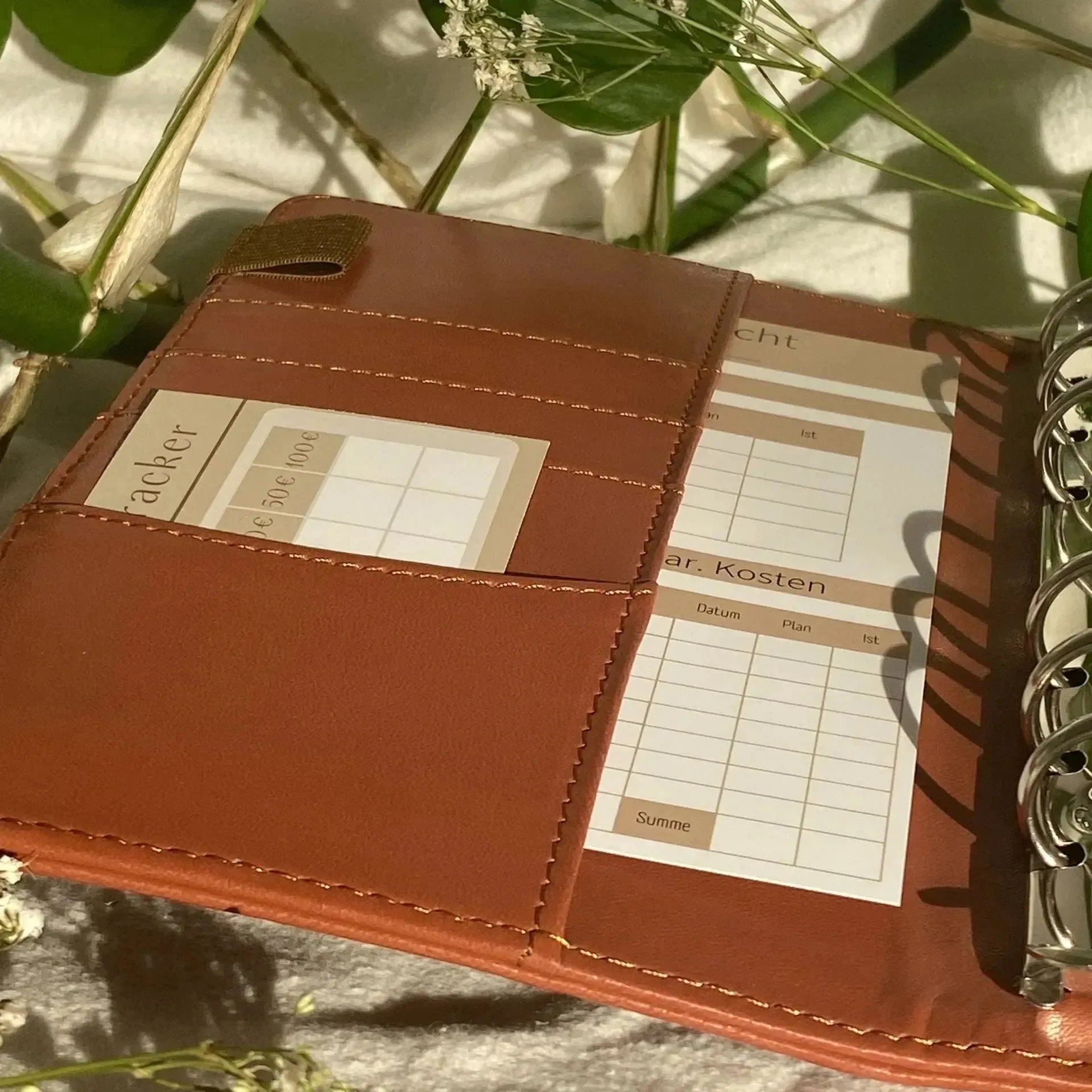Die Grundausstattung Budgetplanung von Budget Binder von BeginnerBudget liegt offen auf einem hellen Untergrund, zeigt Tracker- und Übersicht-Seiten - ideal für alle, die mit Bargeldtracker und Umschlagmethode budgetieren möchten.