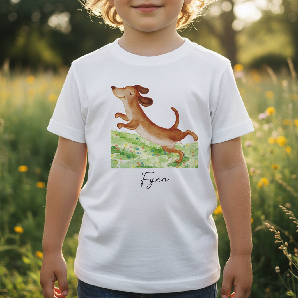 Weißes kinder t-shirt aus baumwolle mit aquarell dachshund illustration springend und namensdruck fynn