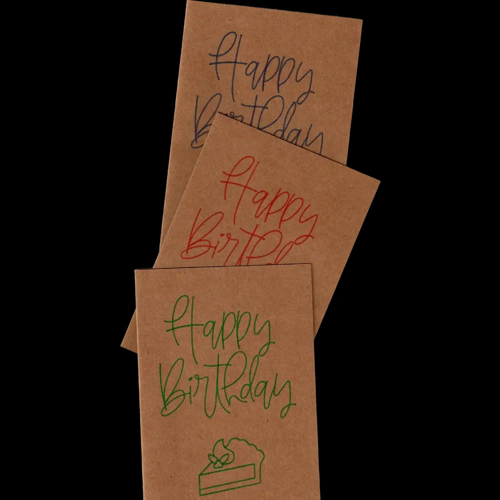 "Mehrere Karten aus Kraftpapier übereinander gelegt, mit dem Schriftzug \"Happy Birthday\" und einem gemalten Kuchenstück, in verschiedenen Farben."