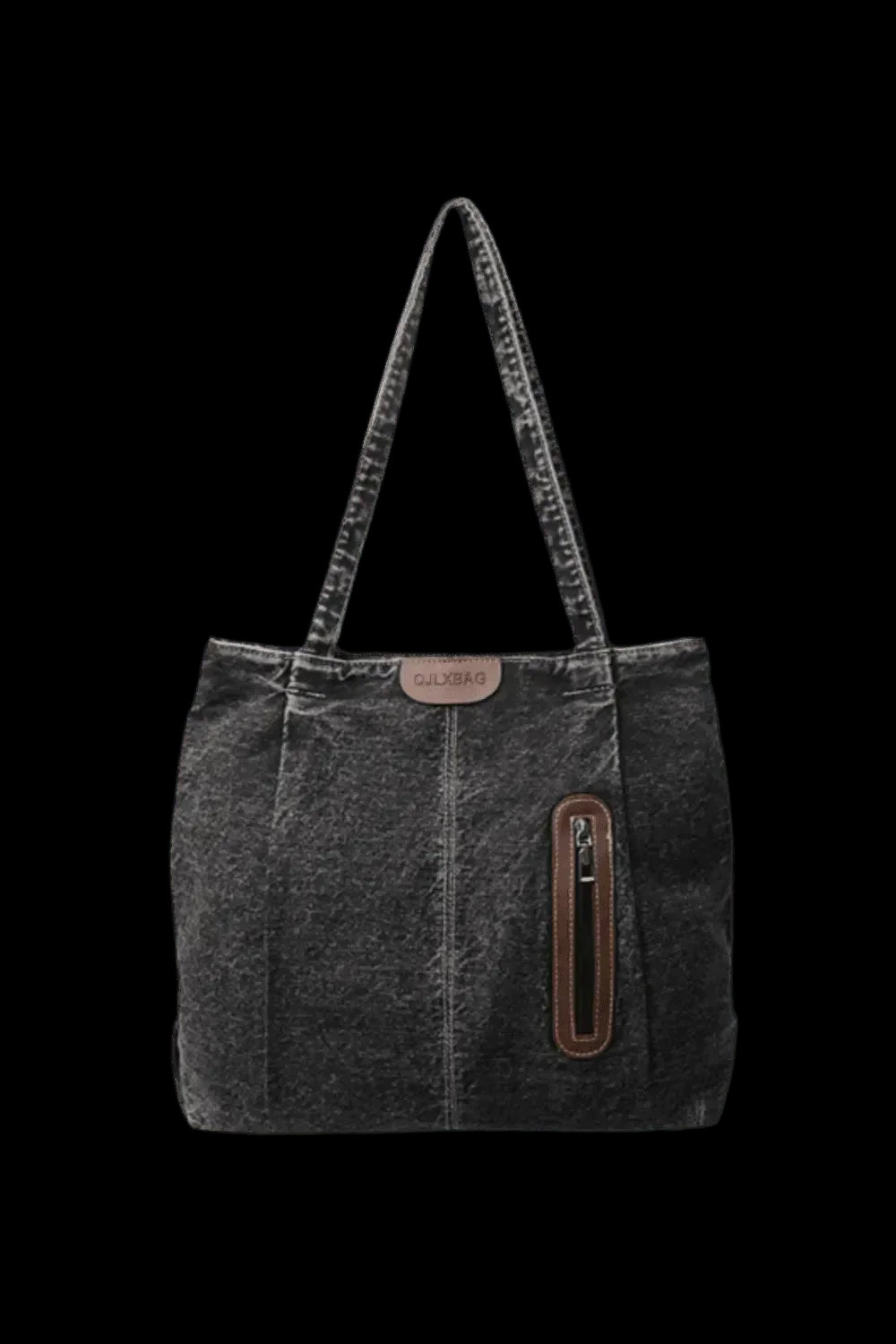 "Die mittelgroße Handtasche „Blue Jeans“ von flyliving für Frauen besteht aus dunkelgrauem Denim, hat zwei Tragegriffe, eine braune Reißverschlusstasche aus Leder auf der Vorderseite und ein kleines braunes Etikett – perfekt für legere Ausflüge."