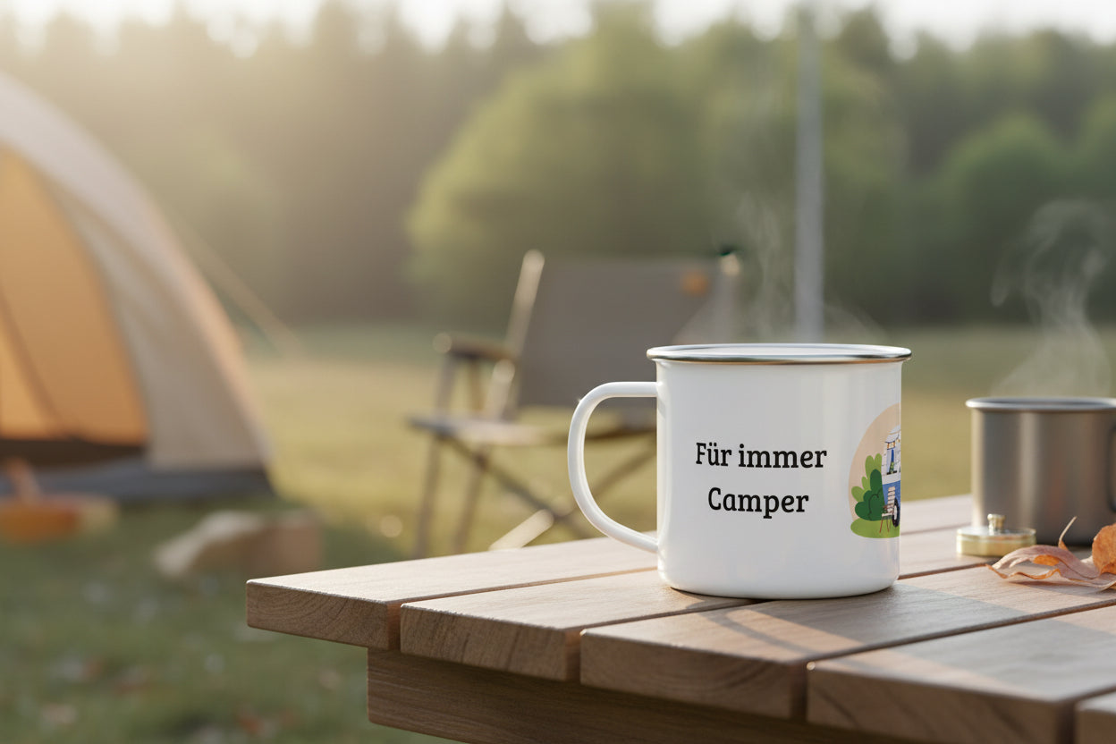 Weiße Emaille Tasse mit Spruch "Für immer Camper" von flyliving, auf einem Holztisch mit Camping-Szene.