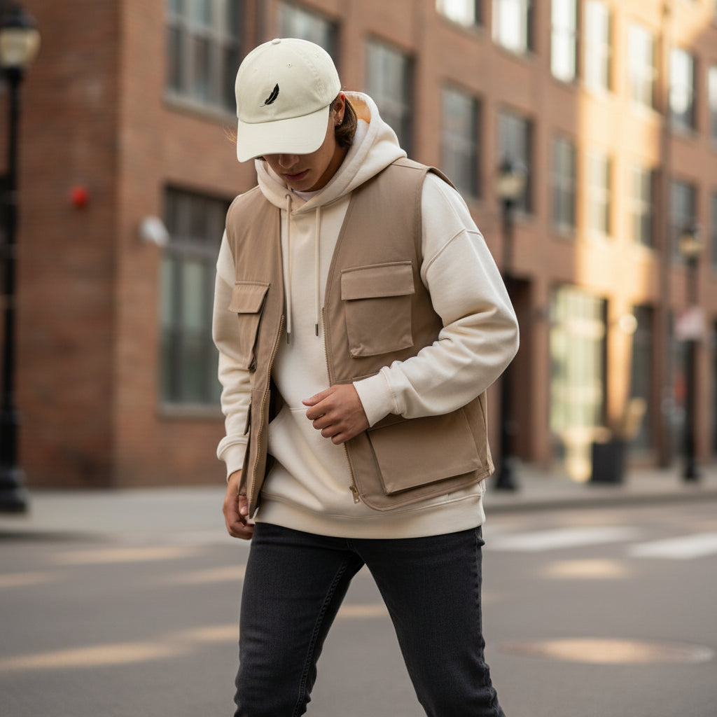 Beige baseball cap with a feather logo by flyliving, worn by a person looking down with a hoodie and vest.
