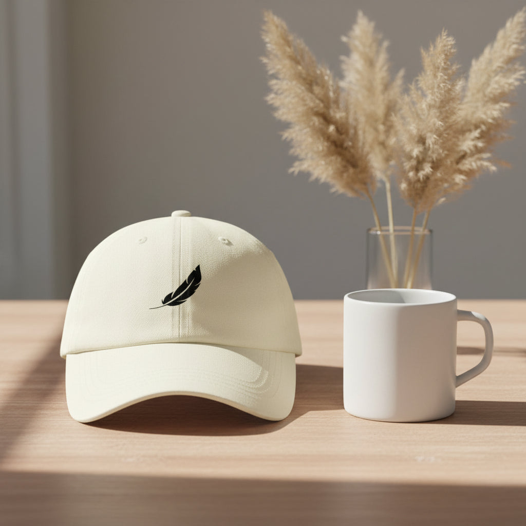 Light beige baseball cap with a black feather logo by flyliving, on a wooden table next to a white mug.