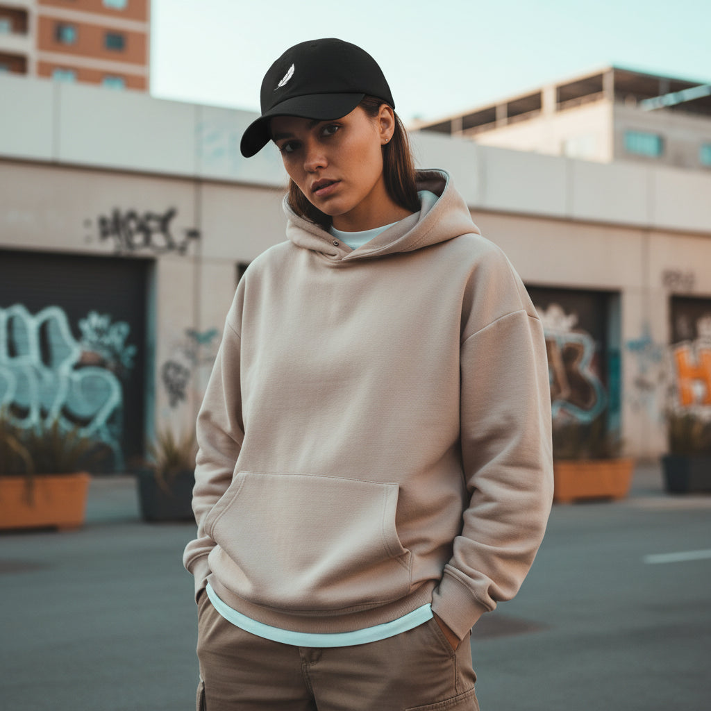 Black cap with a white feather logo by flyliving on a model wearing a beige hoodie.