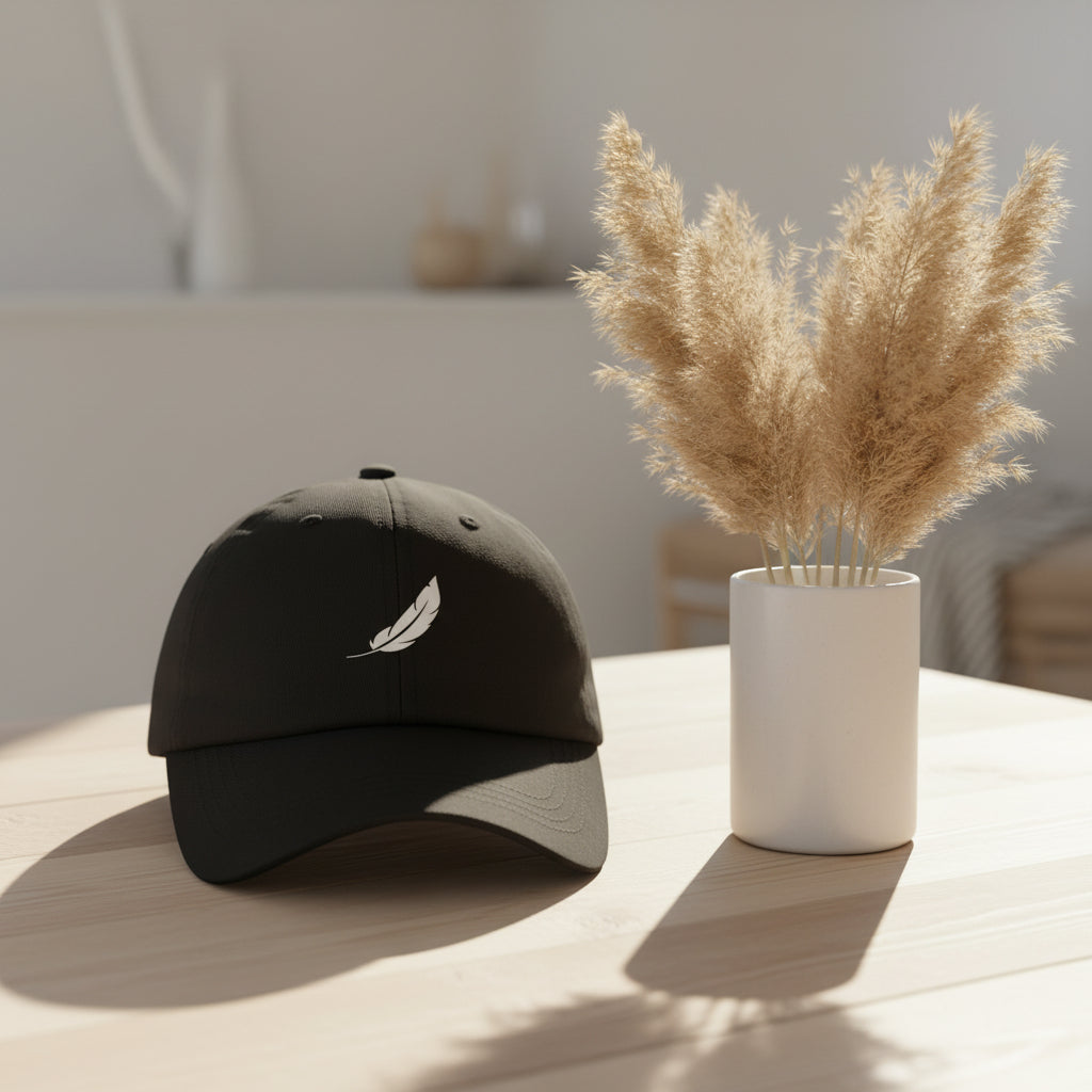 Black cap by flyliving with a white feather logo, shown on a wooden table beside a vase of pampas grass.
