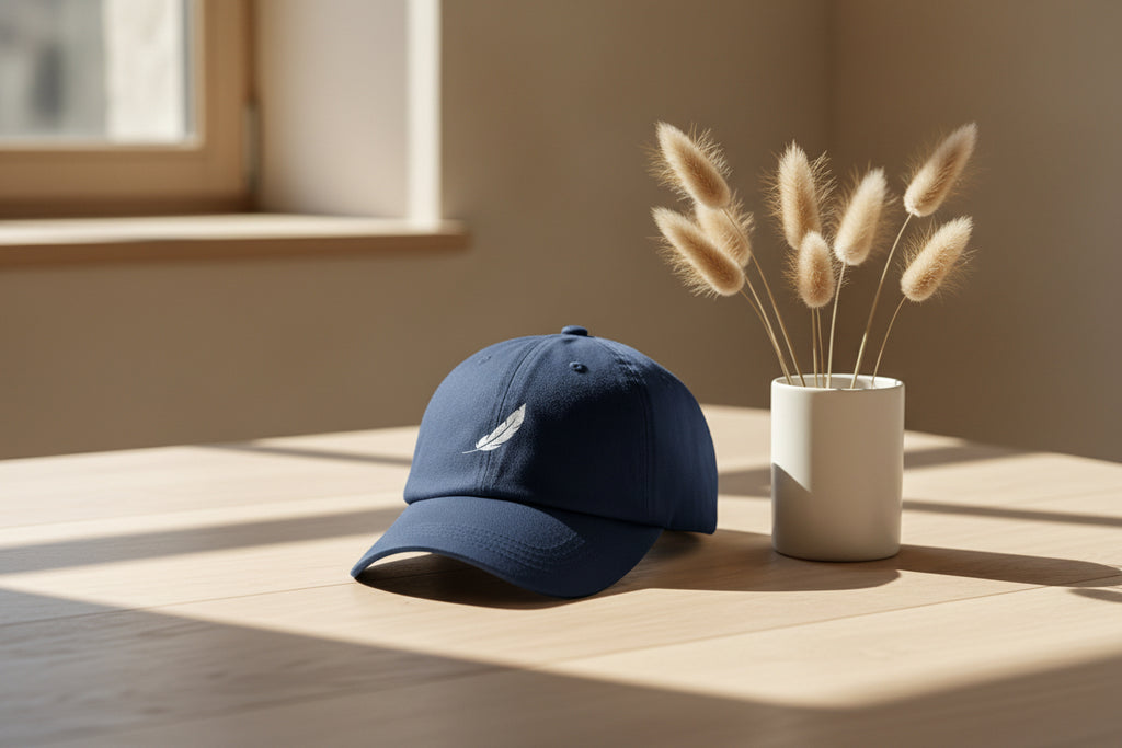 Navy blue cap by flyliving with a white feather logo, on a wooden table with a vase of dried plants.