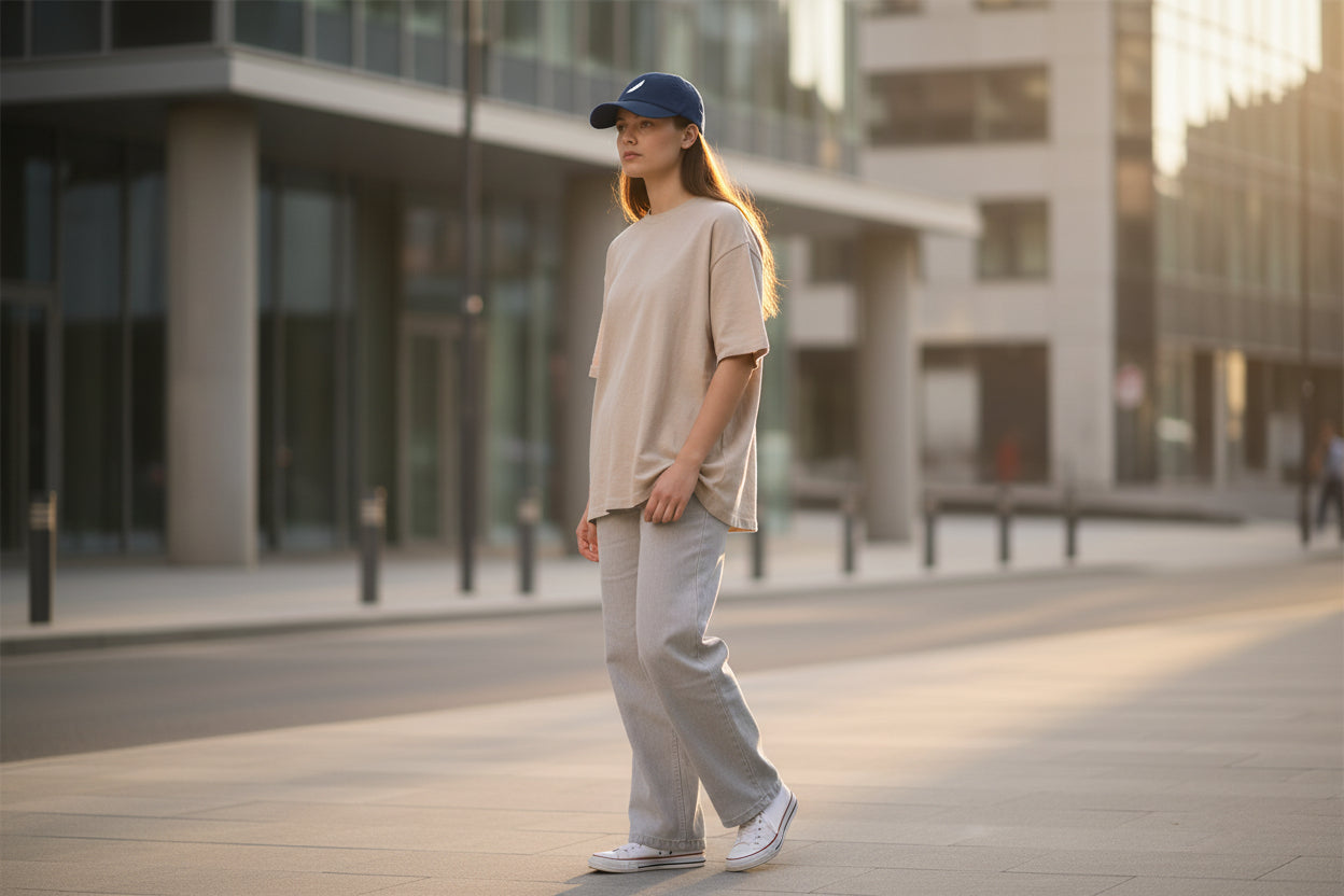 Navy blue baseball cap by flyliving with white logo, worn by a woman in a casual outfit.