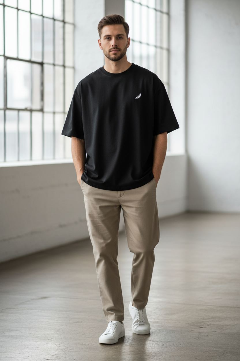 Black oversized unisex t-shirt with a white feather logo by flyliving, worn by a man with khaki pants and white sneakers.
