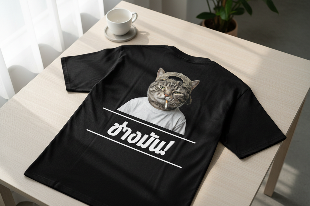Black oversized unisex T-shirt by flyliving, featuring a cool smoking cat in a hat and 'F*ck it!' Thai script on the back.