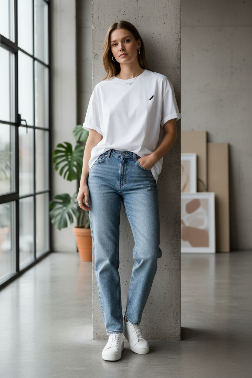 White oversized T-Shirt by flyliving with a black feather logo, worn with light blue jeans and white sneakers.