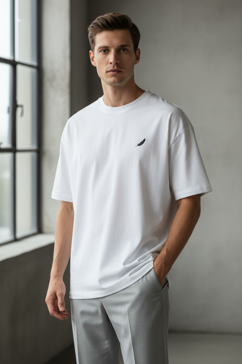 White oversized T-shirt by flyliving, featuring a black feather logo, styled with grey trousers on a male model.