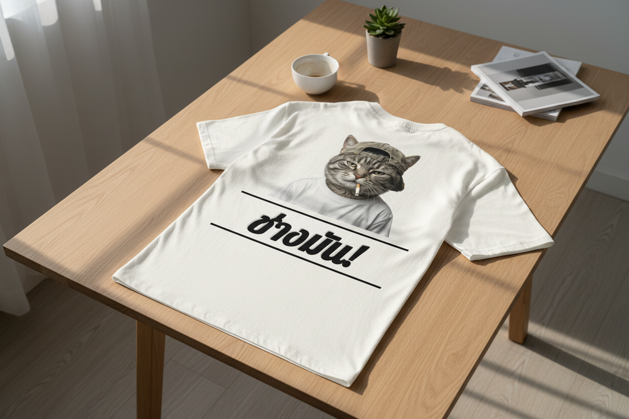 White oversized T-shirt by flyliving with a back graphic of a cool cat in a cap smoking and Thai 'F*ck it!' text, laid flat.