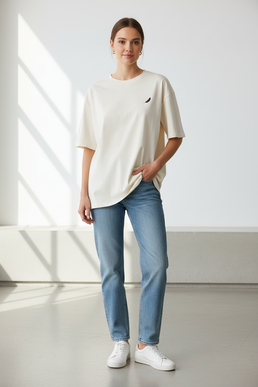 Oversized off-white T-shirt by flyliving with a small dark feather logo, styled with blue jeans and white sneakers.