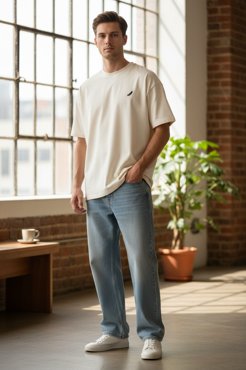Oversized cream T-shirt by flyliving featuring a small black feather design, styled with light wash jeans and white sneakers.