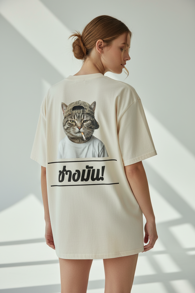 Cream oversized T-shirt by flyliving with a back graphic of a 'Cool Cat' in a cap smoking and Thai text.