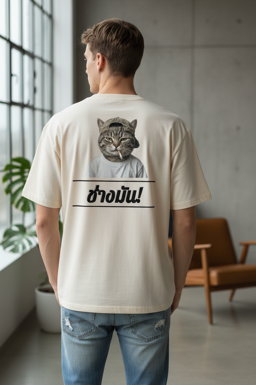 Cream oversized T-shirt by flyliving, featuring a 'Cool Cat' graphic smoking and Thai 'F*ck it!' text on the back.