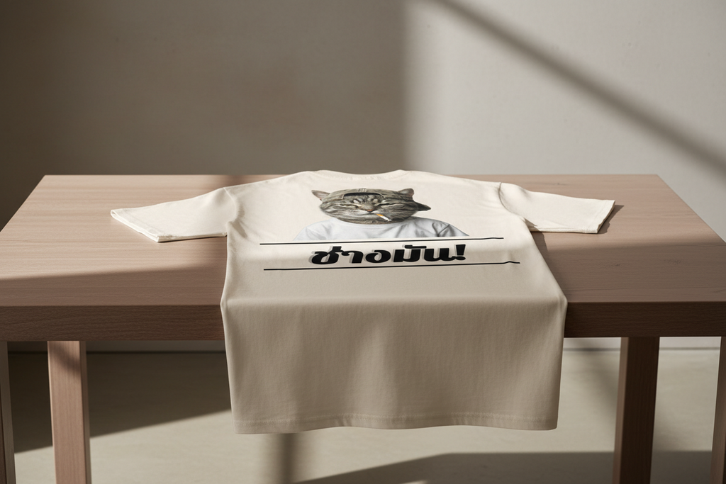 Cream oversized T-shirt by flyliving, featuring a "Cool Cat" smoking graphic and Thai text "ช่างมัน!", lying flat on a wooden table.