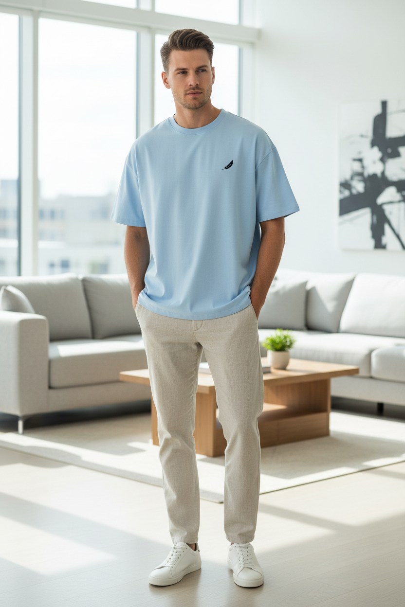 Oversized light blue T-shirt by flyliving, with a small black feather logo on the chest, styled with beige pants.