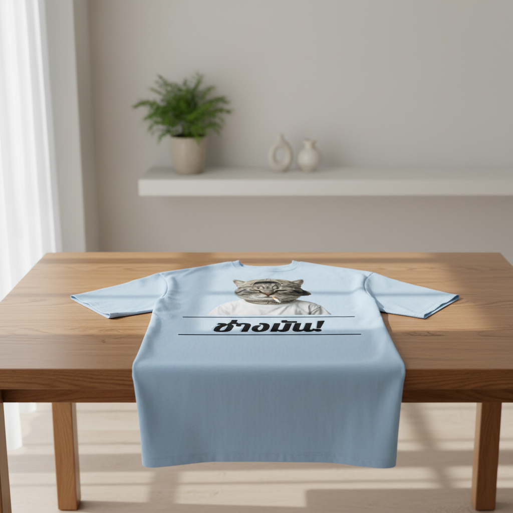 Light blue oversized T-shirt by flyliving featuring a cat in sunglasses smoking a cigarette and Thai text, laid flat on a wooden table.