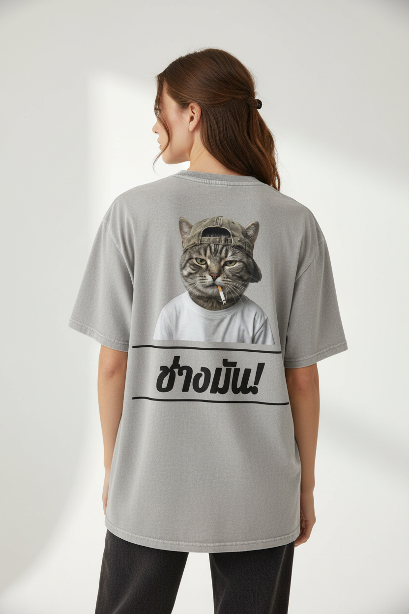 Oversized grey T-shirt by flyliving, featuring a cool cat graphic in a cap smoking and Thai text.