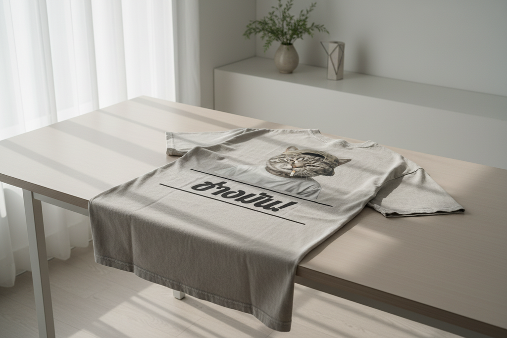 Unisex oversized T-shirt by flyliving in light grey with a "Cool Cat" graphic and Thai text, laid on a table.