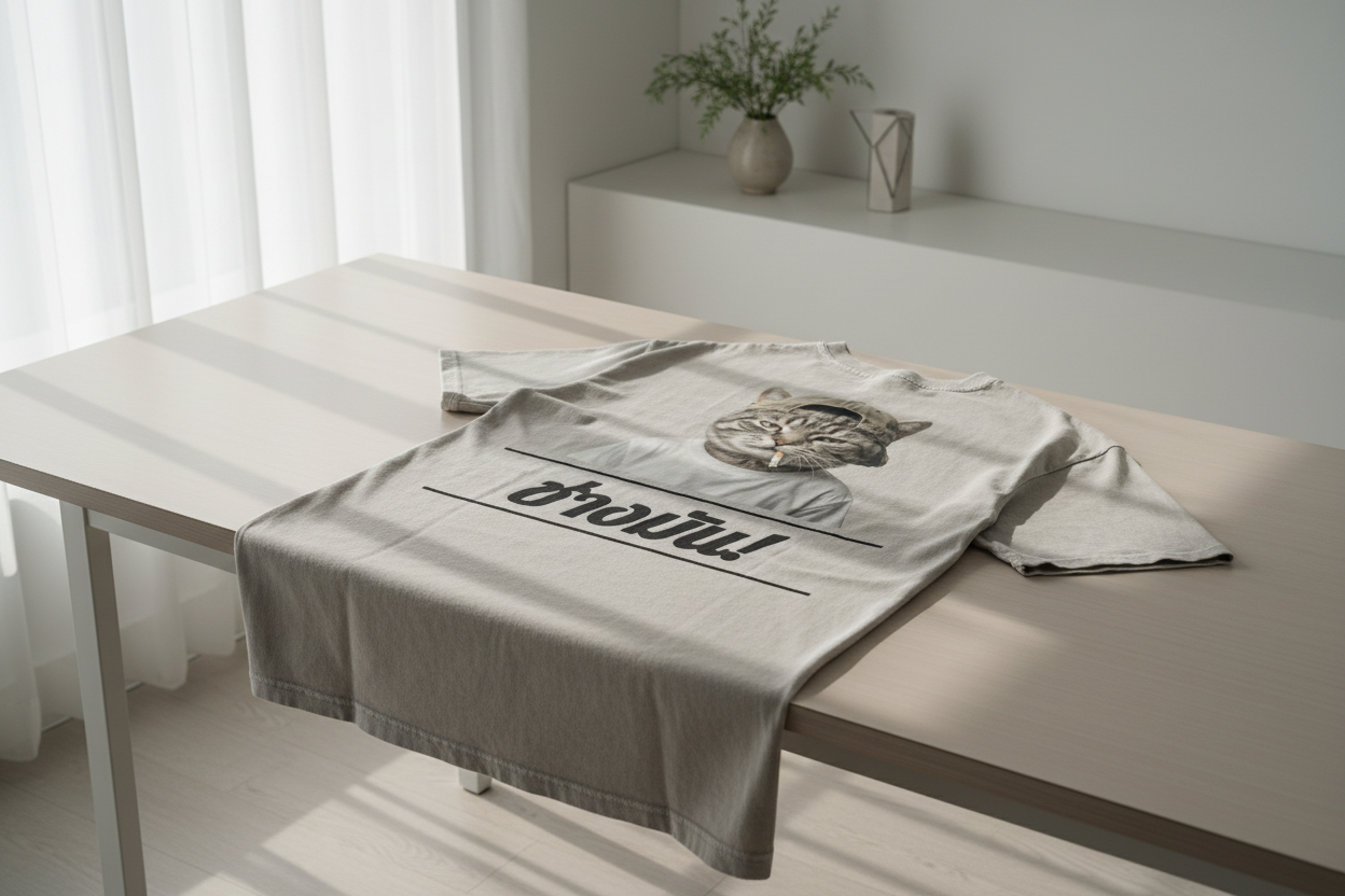 Unisex oversized T-shirt by flyliving in light grey with a "Cool Cat" graphic and Thai text, laid on a table.