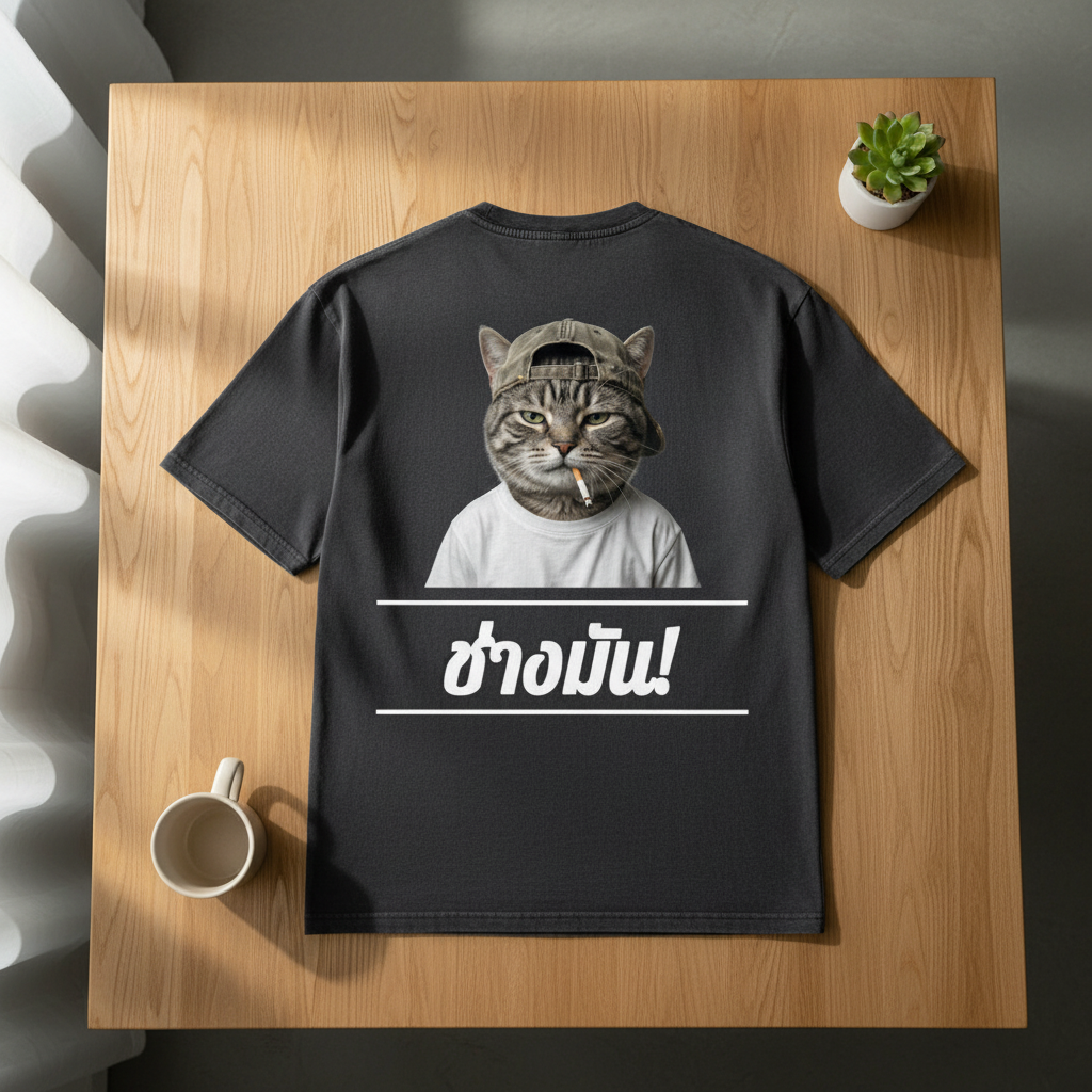 Oversized dark grey T-shirt by flyliving, featuring a cool cat graphic wearing a cap and smoking, with Thai 'F*ck it!' text on the back, laid flat.