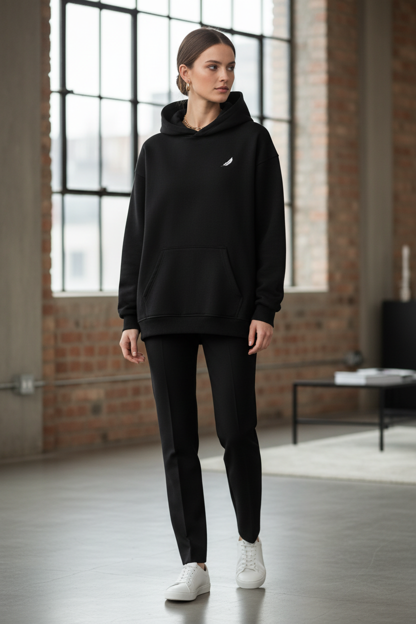 Black oversized hoodie by flyliving with a white feather emblem, kangaroo pocket, styled with black trousers and white sneakers.