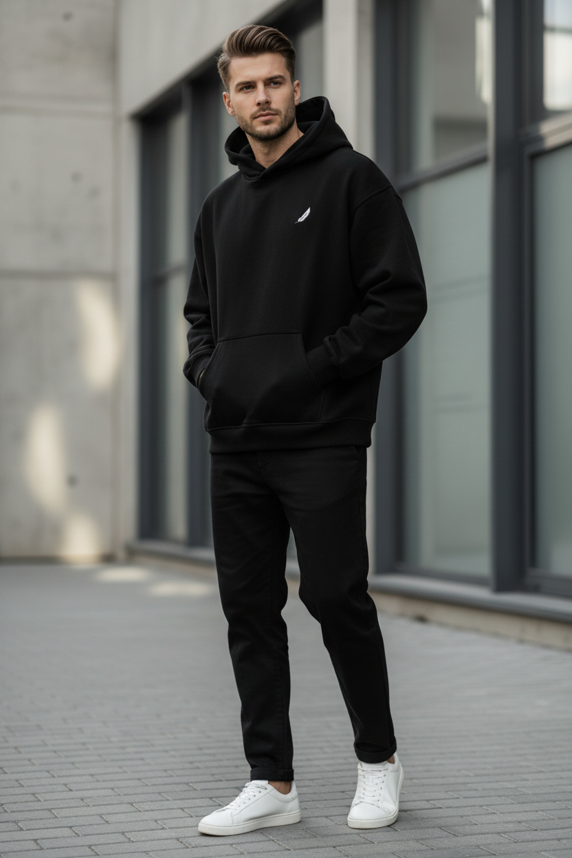 Black oversized unisex hoodie by flyliving with a small white feather logo, worn by a man with black pants and white sneakers.