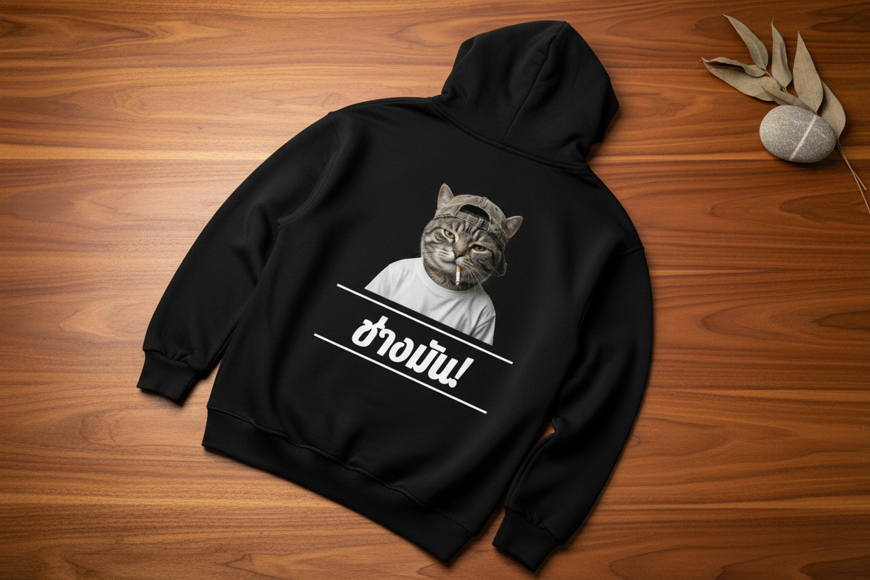 Black oversized hoodie by flyliving, back view, with a 'Cool Cat' print featuring a smoking cat in a cap and 'Thai 'Fuck It'' text.