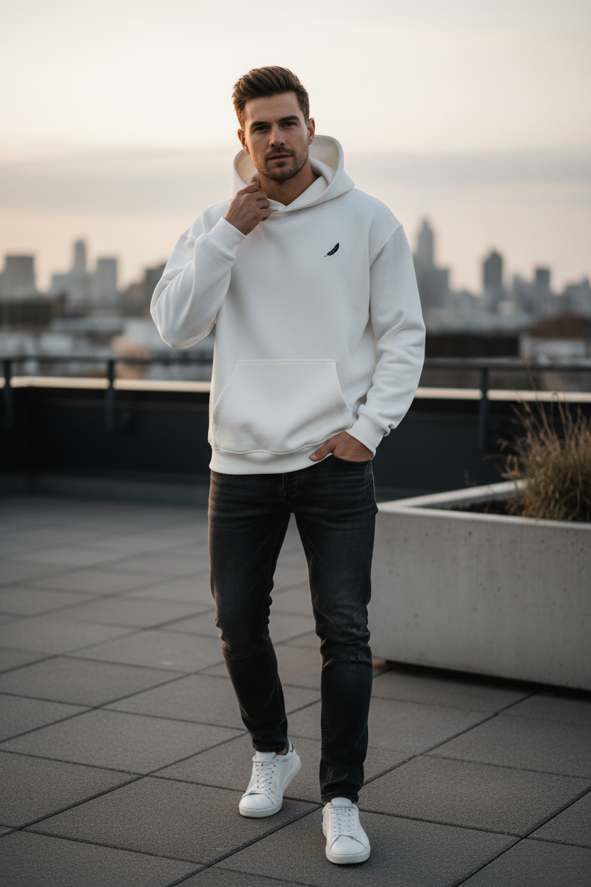 White oversized hoodie by flyliving, featuring a small black feather logo, styled with dark jeans and white sneakers.