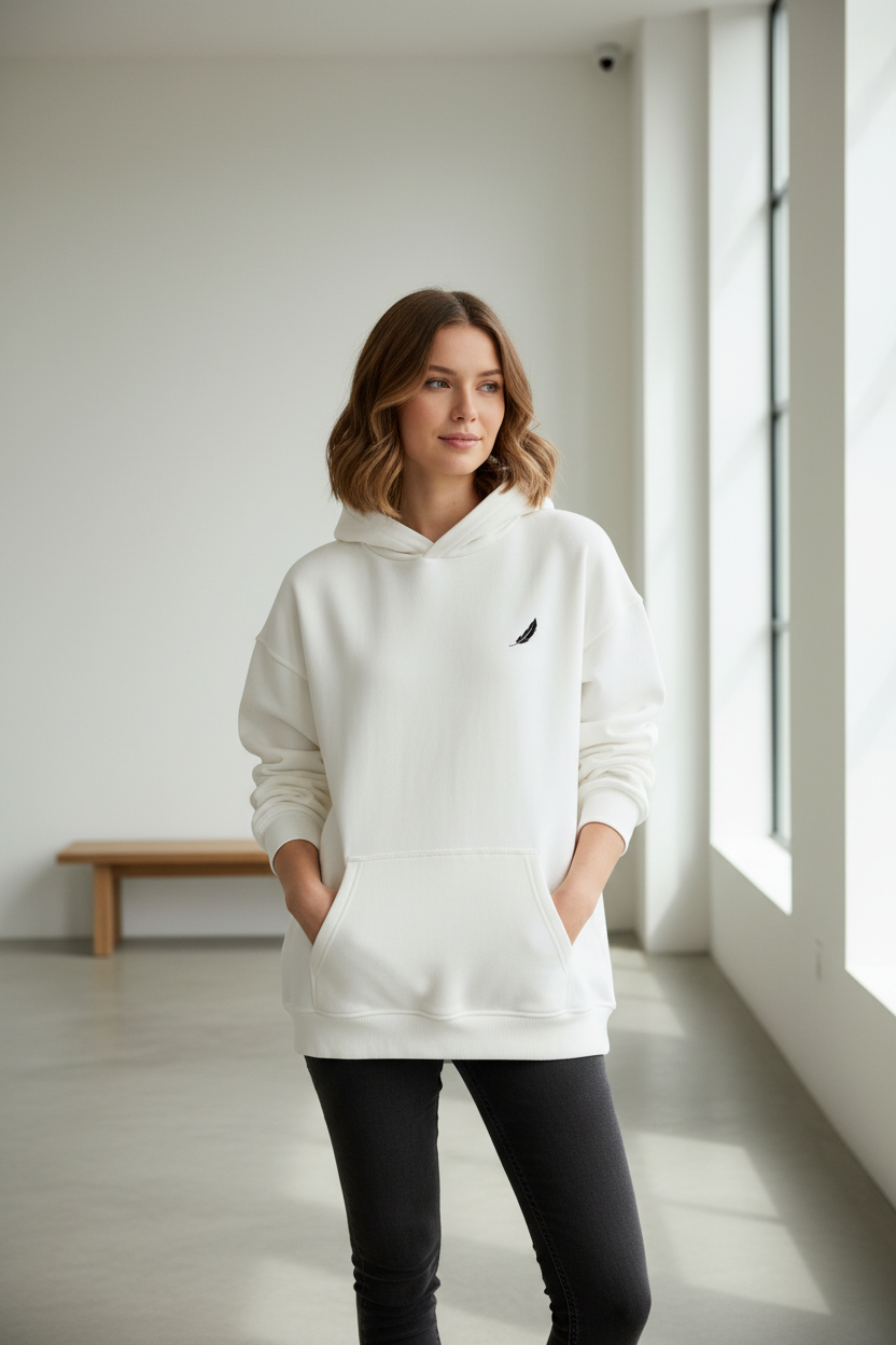 White oversized hoodie by flyliving with black feather logo, worn by a woman with hands in front pocket.