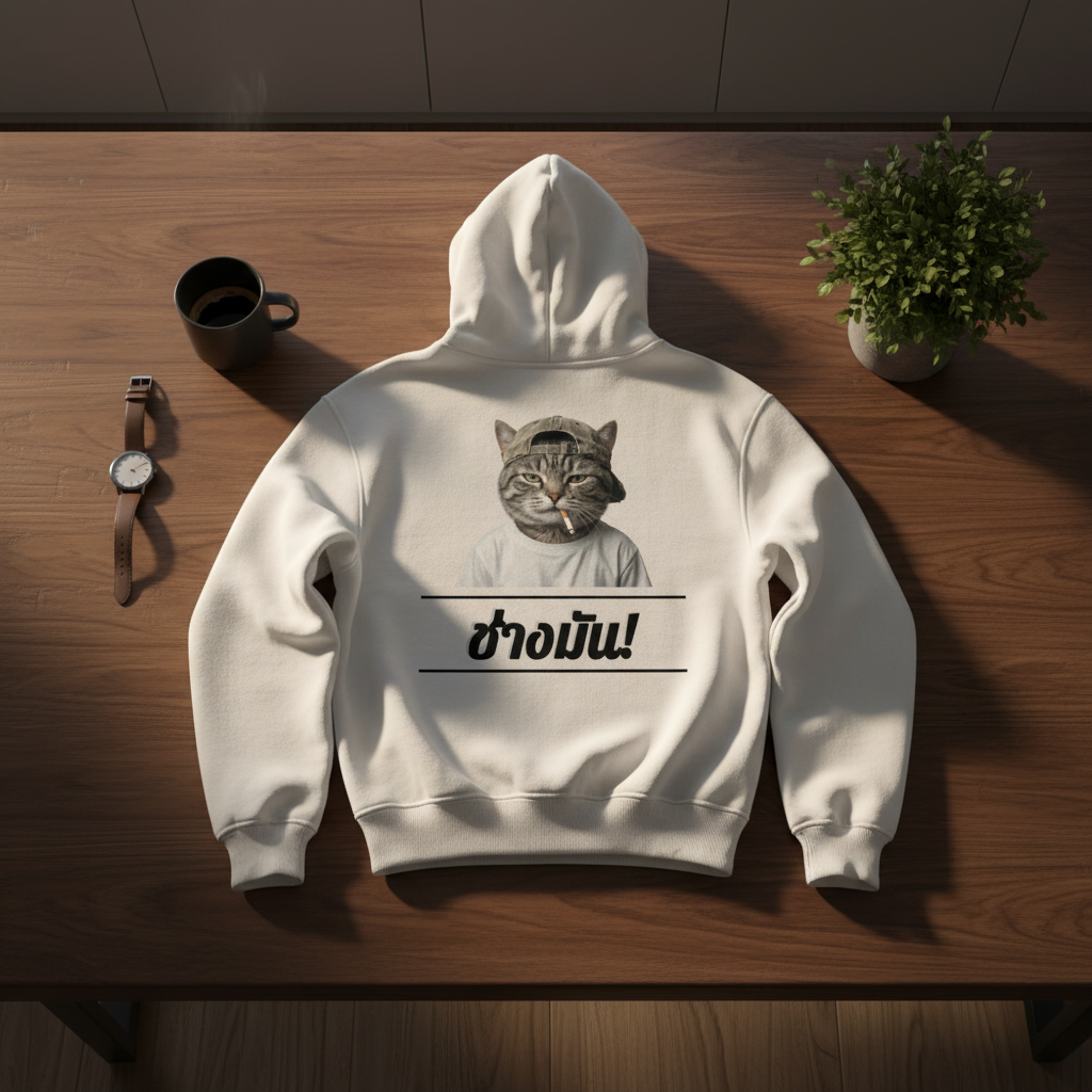 White oversized hoodie by flyliving featuring a cool cat graphic with a smoking cigarette and Thai "Fuck It" text, laid flat.