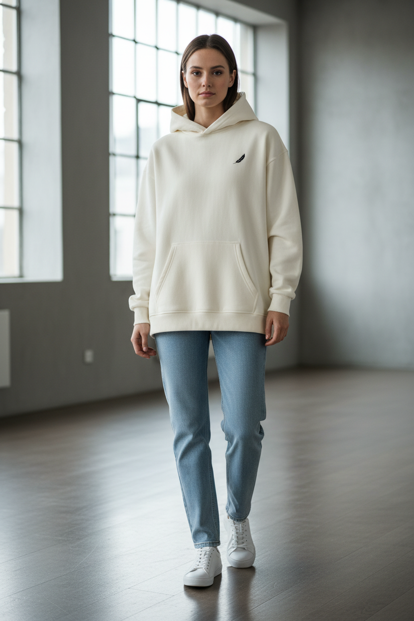 Oversized cream hoodie by flyliving featuring a black feather logo, styled with light blue jeans and white sneakers.