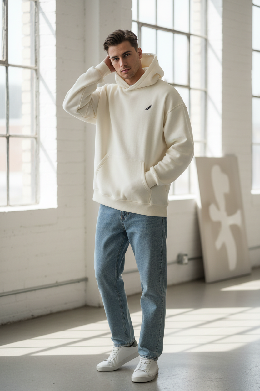 Cream oversized hoodie by flyliving with a black feather logo, worn by a man with light wash jeans and white sneakers.