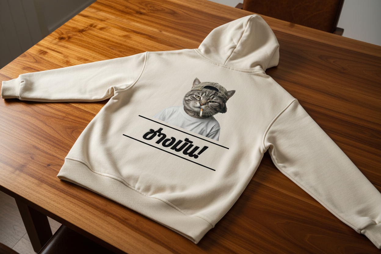 Oversized beige hoodie with a graphic of a cat in a cap smoking a cigarette and Thai text from flyliving, shown from the back, lying flat on a wooden table.