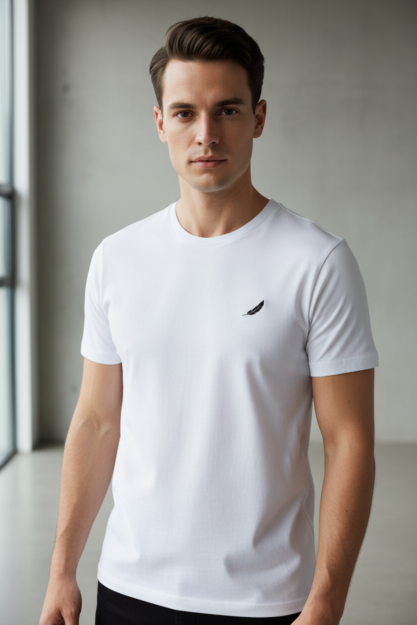 White organic cotton T-shirt by flyliving, featuring a small black feather logo on the chest, worn by a man.