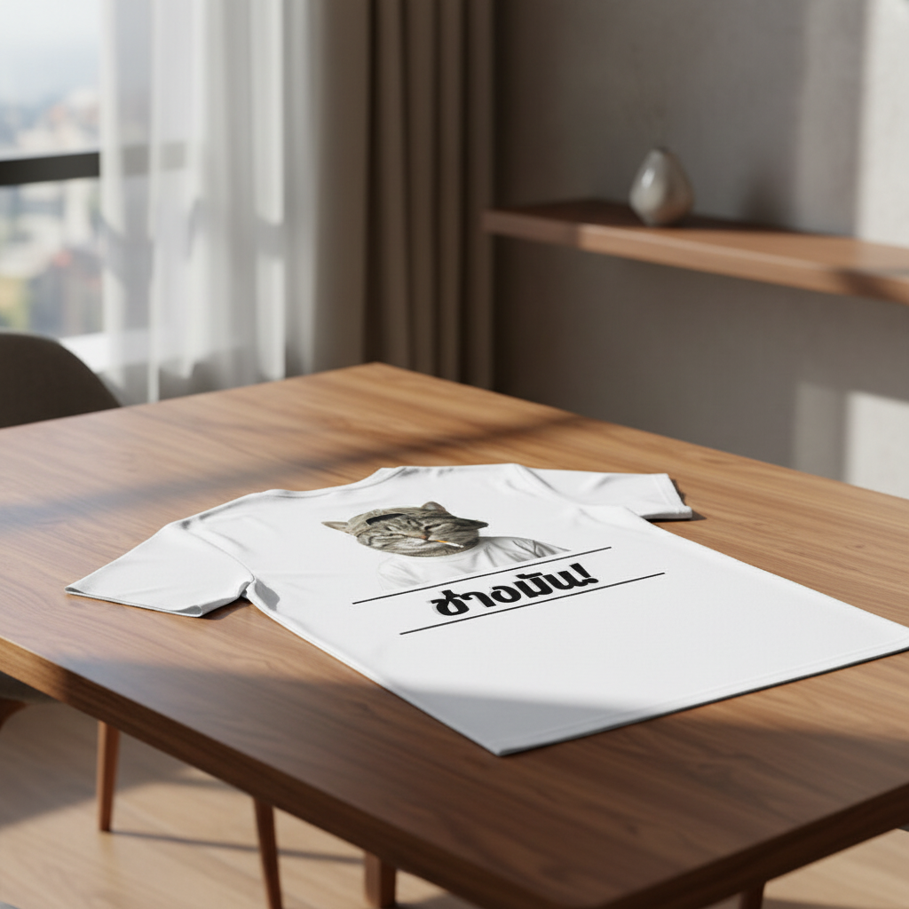 White organic cotton T-shirt by flyliving featuring a graphic of a smoking cat wearing a cap and Thai text, laid on a wooden table.