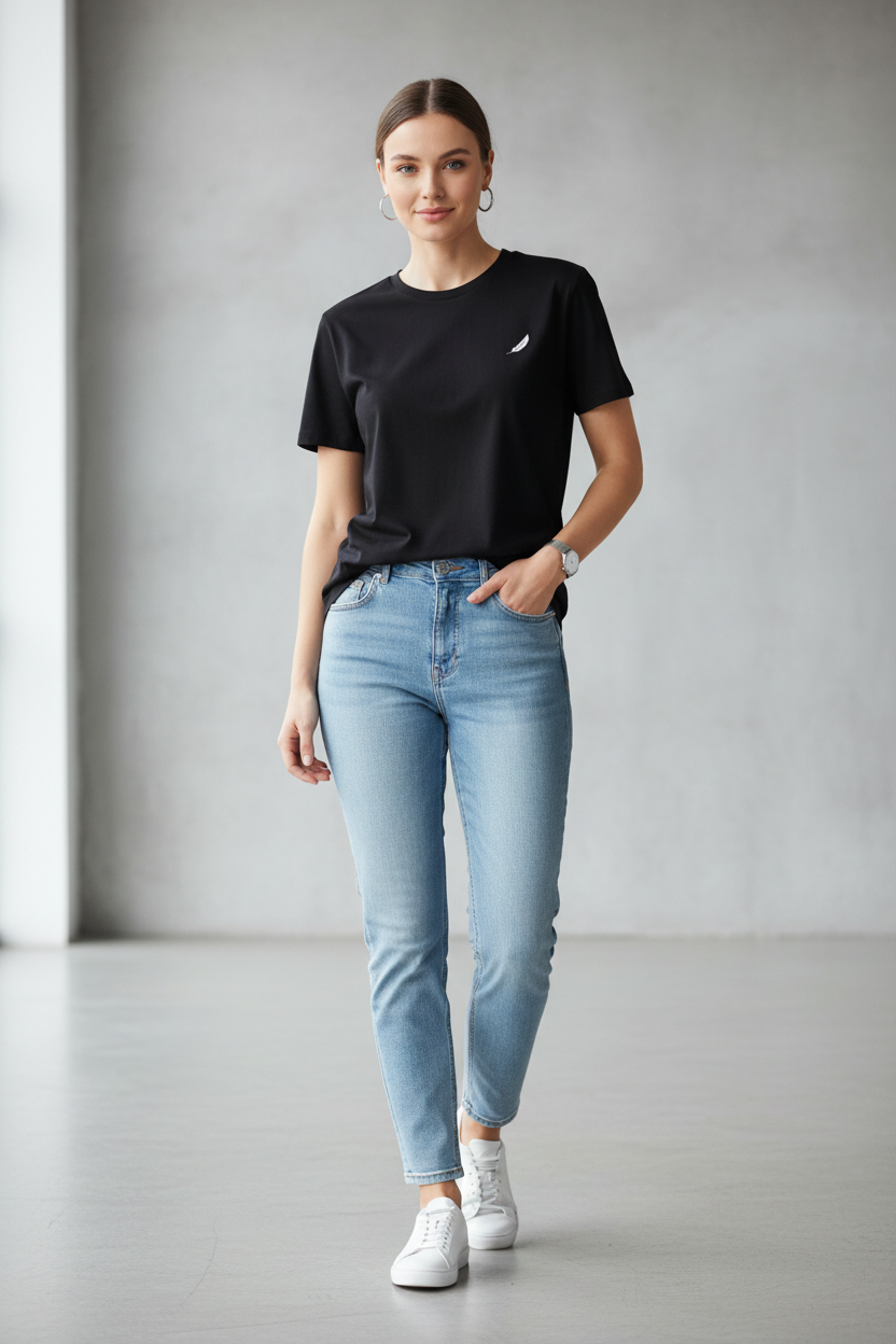 Black Organic Cotton T-Shirt by flyliving with white feather logo, worn by a woman in light blue jeans and white sneakers.