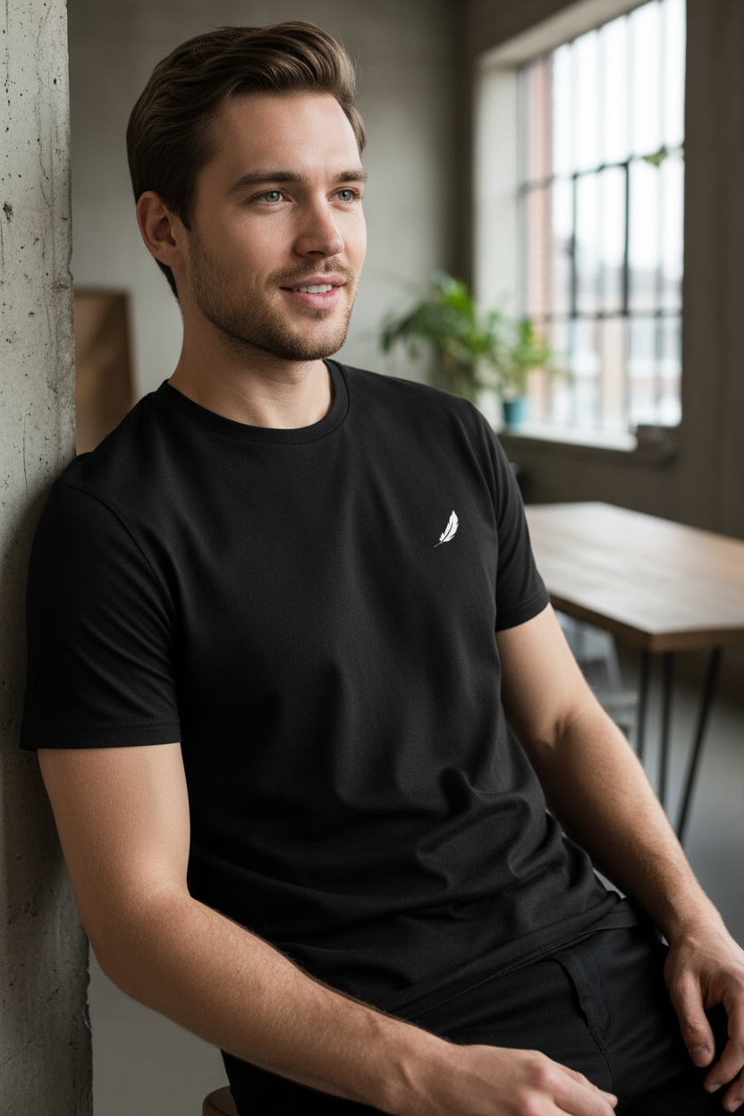Black organic cotton T-shirt by flyliving, featuring a small white feather logo on the chest, worn by a man.