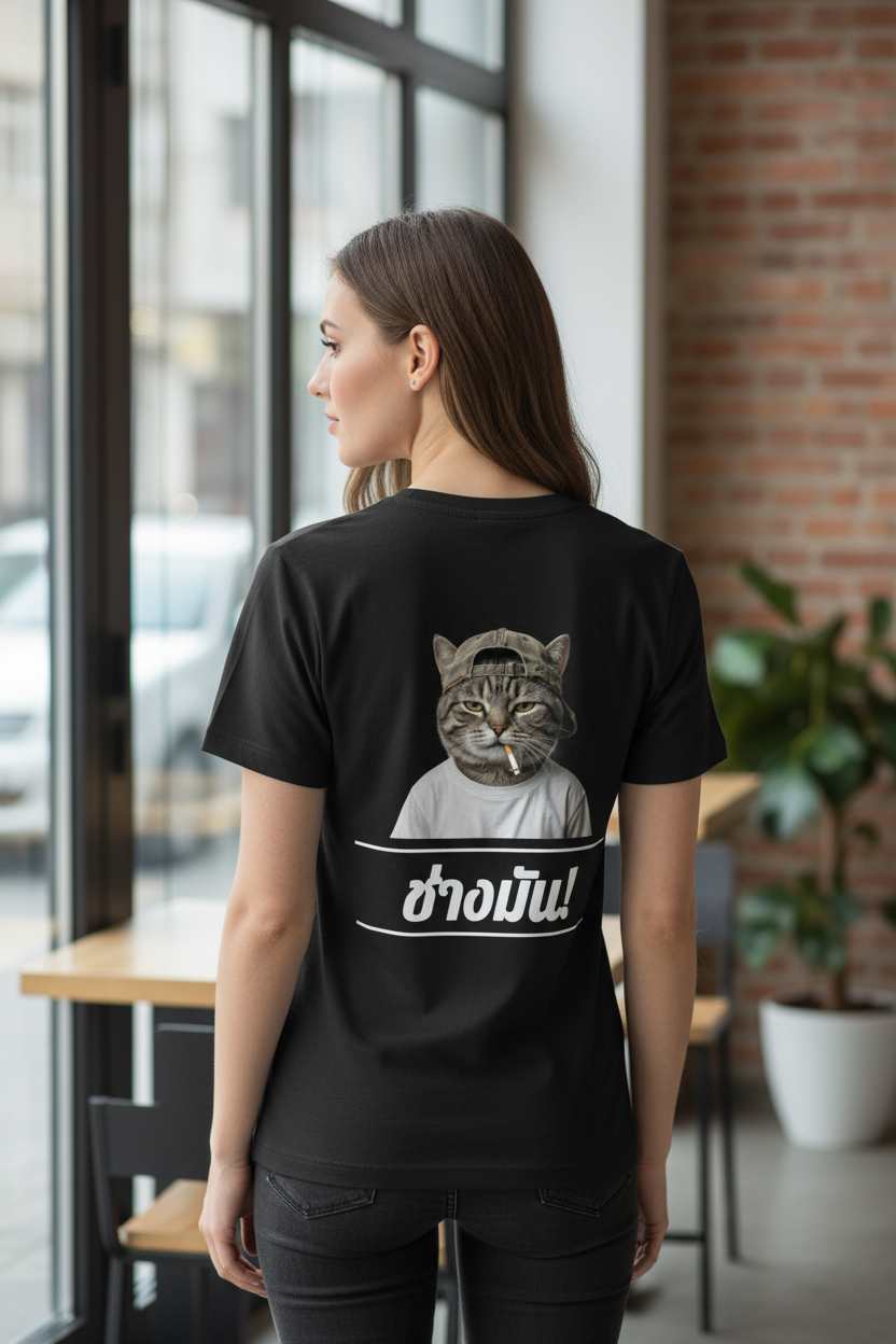 Black organic cotton T-shirt by flyliving with a back print of a smoking cat in a cap and white Thai text.