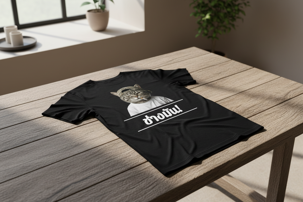 Black premium organic cotton T-shirt by flyliving featuring a smoking cat graphic and "Thai Fuck It" text in Thai, displayed on a wooden table.